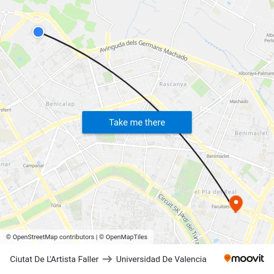 Ciutat De L'Artista Faller to Universidad De Valencia map
