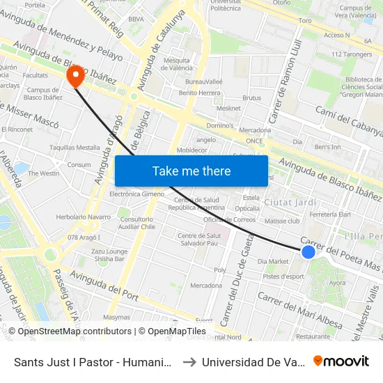 Sants Just I Pastor - Humanista Furió to Universidad De Valencia map