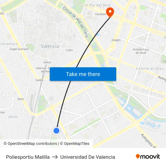 Poliesportiu Malilla to Universidad De Valencia map