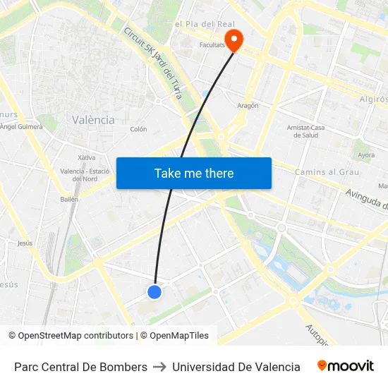 Parc Central De Bombers to Universidad De Valencia map