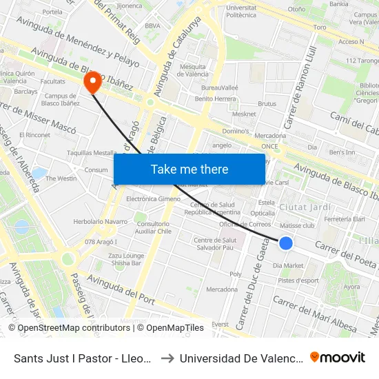 Sants Just I Pastor - Lleons to Universidad De Valencia map