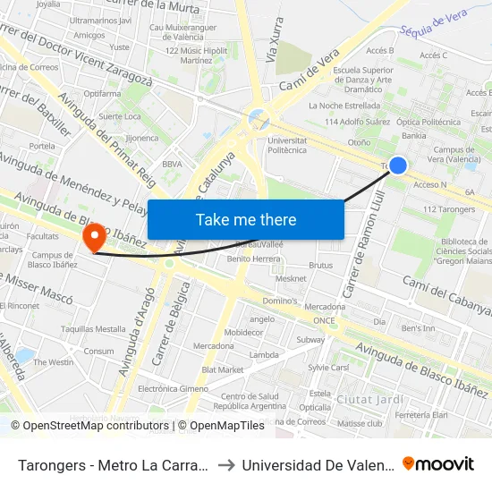Tarongers - Metro La Carrasca to Universidad De Valencia map