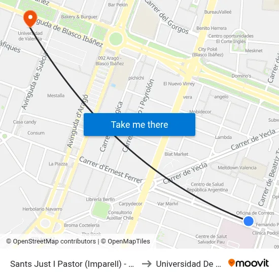 Sants Just I Pastor (Imparell) - Metro Amistat to Universidad De Valencia map