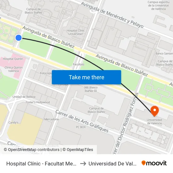 Hospital Clínic - Facultat Medicina to Universidad De Valencia map