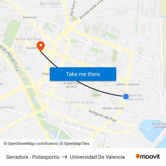 Serradora - Poliesportiu to Universidad De Valencia map