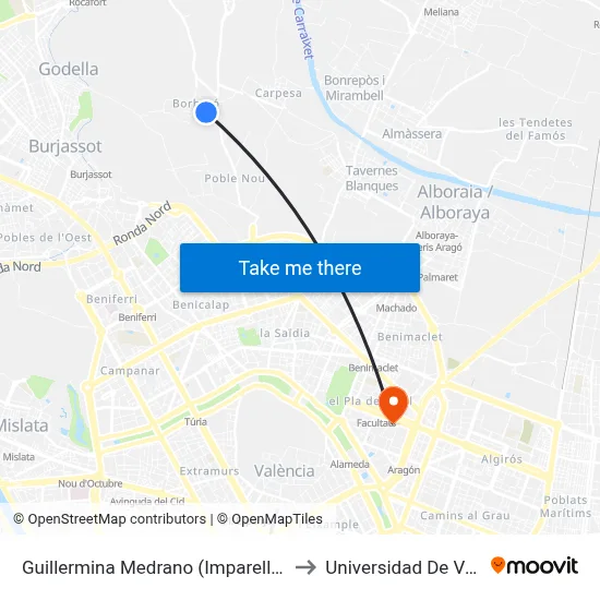 Guillermina Medrano (Imparell) - Borbotó to Universidad De Valencia map
