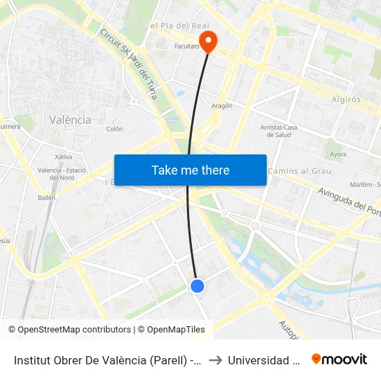 Institut Obrer De València (Parell) - Amado Granell Mesado to Universidad De Valencia map