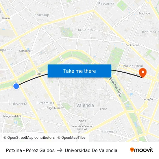 Petxina - Pérez Galdos to Universidad De Valencia map