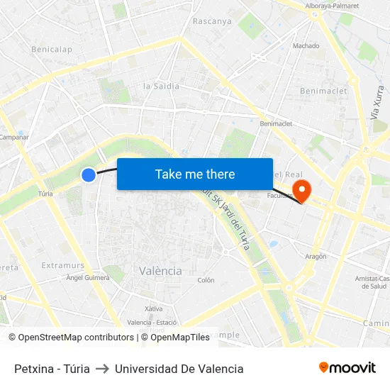 Petxina - Túria to Universidad De Valencia map