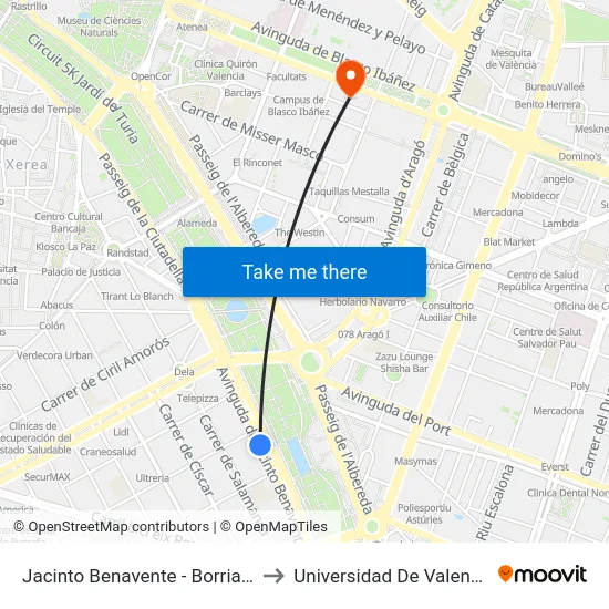 Jacinto Benavente - Borriana to Universidad De Valencia map