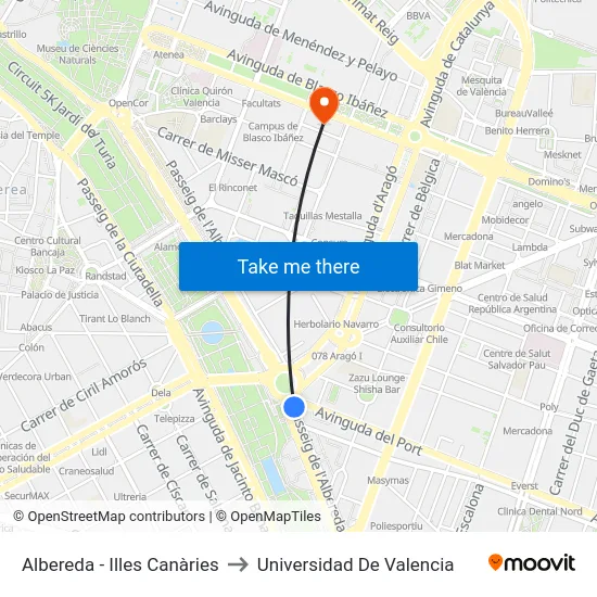 Albereda - Illes Canàries to Universidad De Valencia map