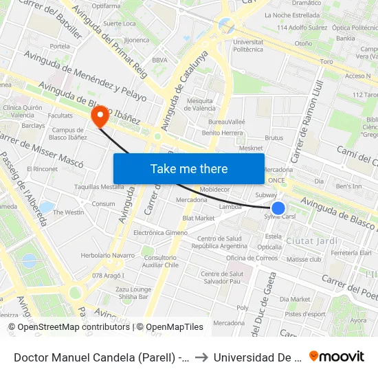 Doctor Manuel Candela (Parell) - Blasco Ibáñez to Universidad De Valencia map