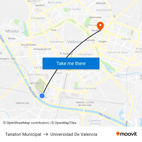 Tanatori Municipal to Universidad De Valencia map