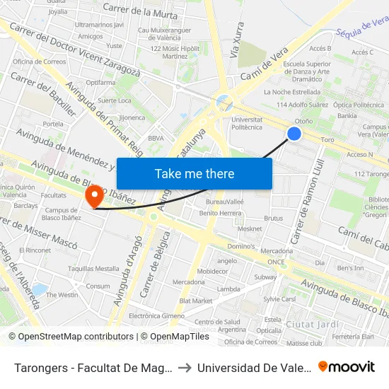 Tarongers - Facultat De Magisteri to Universidad De Valencia map