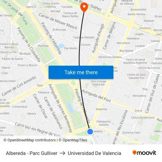 Albereda - Parc Gulliver to Universidad De Valencia map