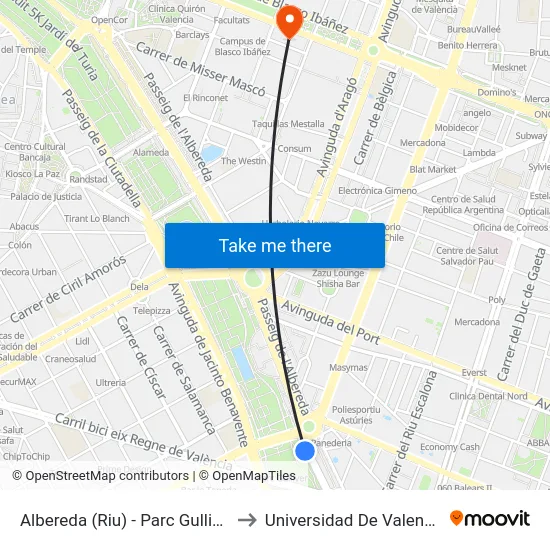 Albereda (Riu) - Parc Gulliver to Universidad De Valencia map