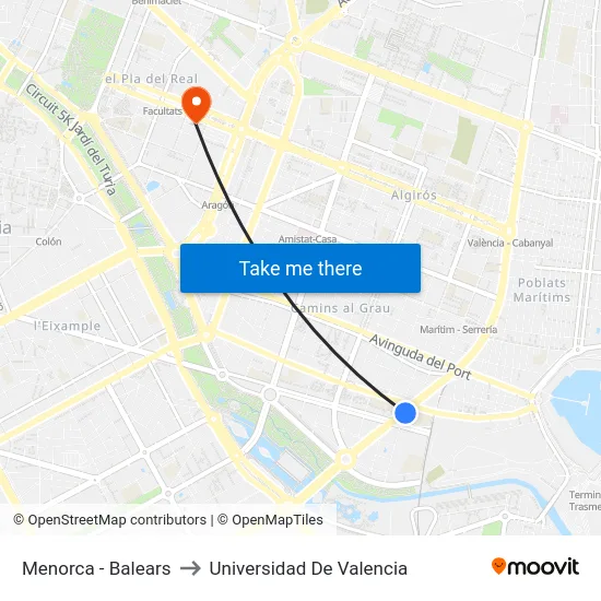 Menorca - Balears to Universidad De Valencia map