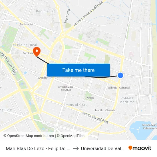 Marí Blas De Lezo - Felip De Gauna to Universidad De Valencia map