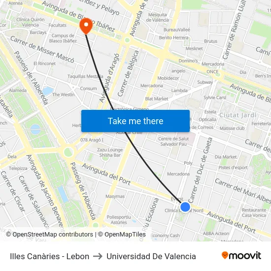 Illes Canàries - Lebon to Universidad De Valencia map