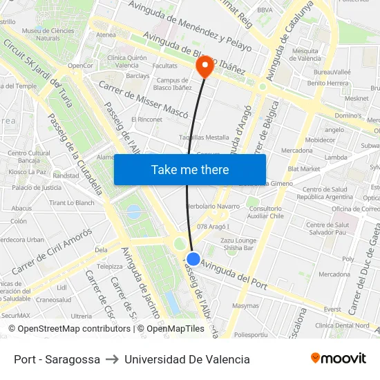 Port - Saragossa to Universidad De Valencia map