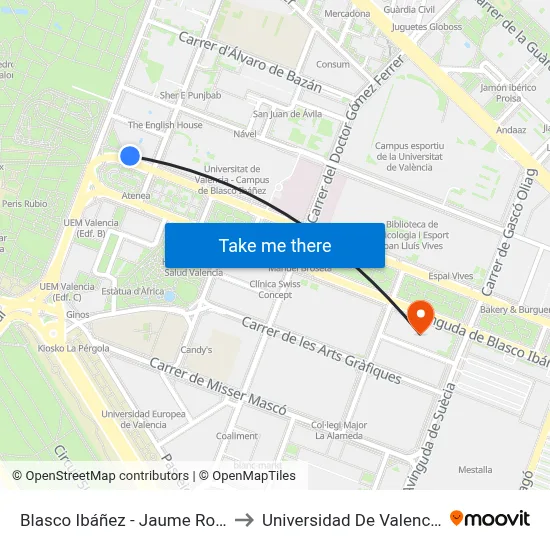Blasco Ibáñez - Jaume Roig to Universidad De Valencia map