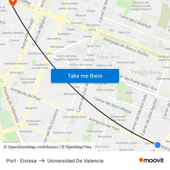 Port - Eivissa to Universidad De Valencia map