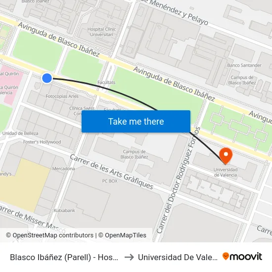 Blasco Ibáñez (Parell) - Hospitals to Universidad De Valencia map