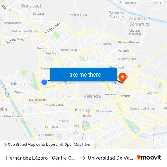 Hernández Lázaro - Centre Comercial to Universidad De Valencia map