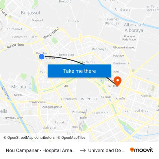 Nou Campanar - Hospital Arnau De Vilanova to Universidad De Valencia map