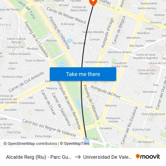 Alcalde Reig (Riu) - Parc Gulliver to Universidad De Valencia map