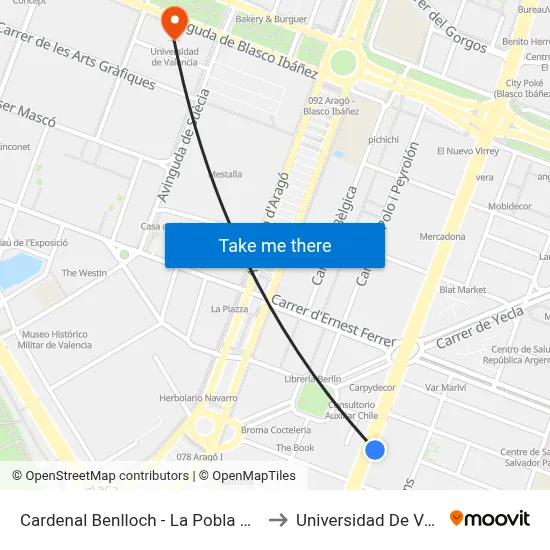 Cardenal Benlloch - La Pobla De Farnals to Universidad De Valencia map