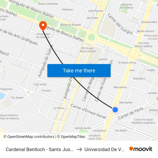 Cardenal Benlloch - Sants Just I Pastor to Universidad De Valencia map