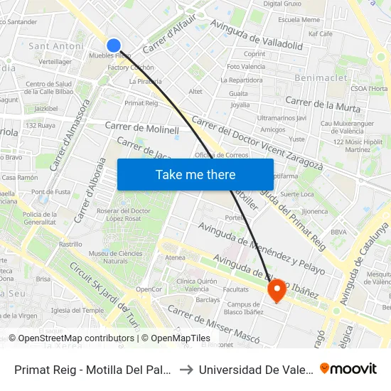 Primat Reig - Motilla Del Palancar to Universidad De Valencia map