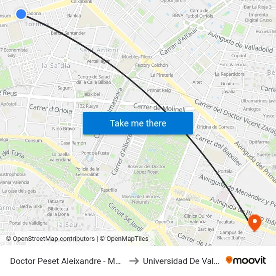 Doctor Peset Aleixandre - Moncada to Universidad De Valencia map