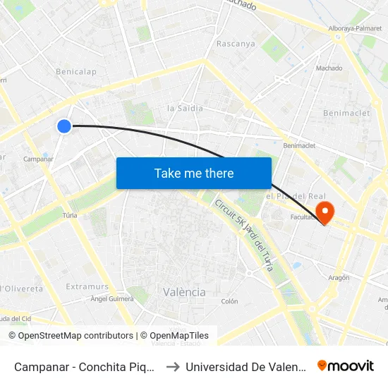 Campanar - Conchita Piquer to Universidad De Valencia map