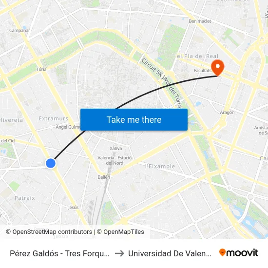 Pérez Galdós - Tres Forques to Universidad De Valencia map