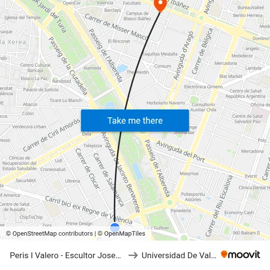Peris I Valero - Escultor Josep Capuz to Universidad De Valencia map