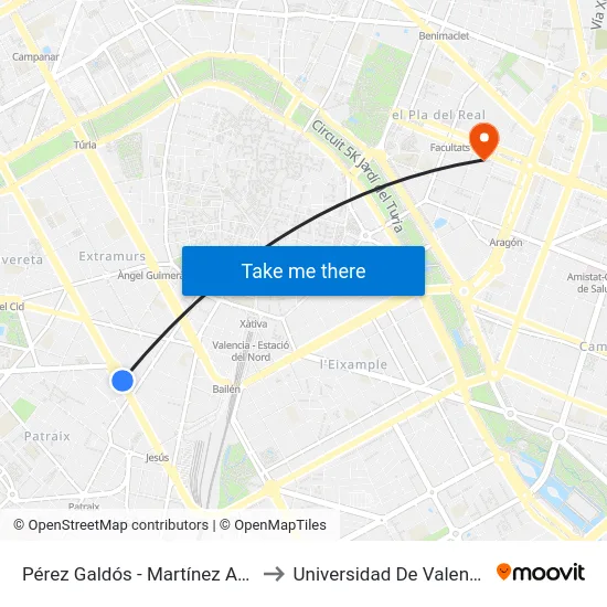 Pérez Galdós - Martínez Aloy to Universidad De Valencia map