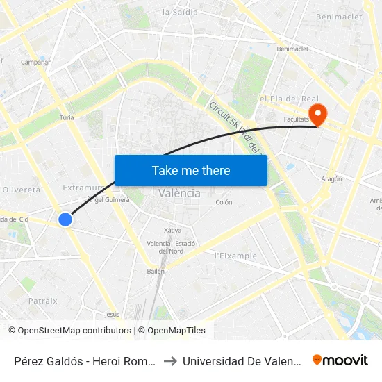 Pérez Galdós - Heroi Romeu to Universidad De Valencia map