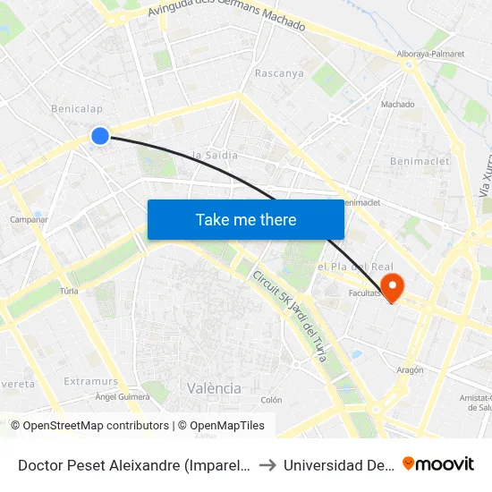 Doctor Peset Aleixandre (Imparell) - Metro Trànsits to Universidad De Valencia map
