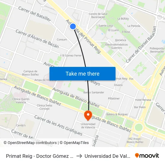 Primat Reig - Doctor Gómez Ferrer to Universidad De Valencia map