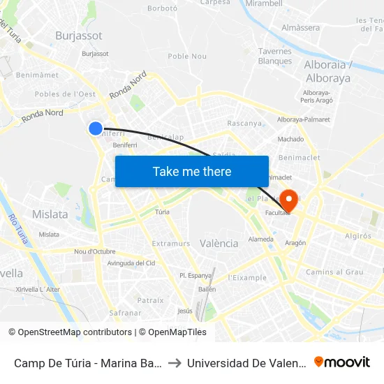 Camp De Túria - Marina Baixa to Universidad De Valencia map