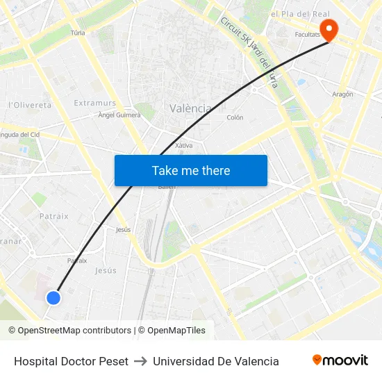 Hospital Doctor Peset to Universidad De Valencia map