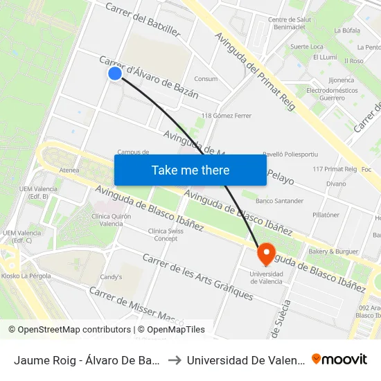 Jaume Roig - Álvaro De Bazán to Universidad De Valencia map