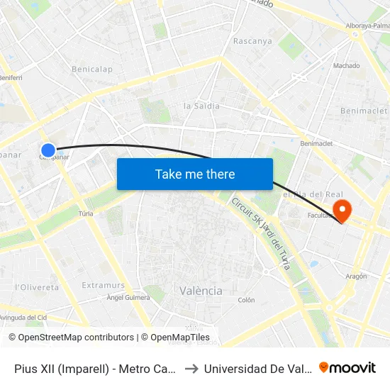 Pius XII (Imparell) - Metro Campanar to Universidad De Valencia map