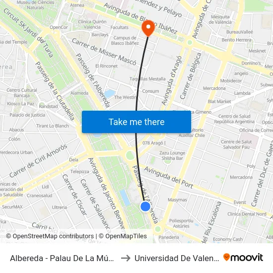 Albereda - Palau De La Música to Universidad De Valencia map