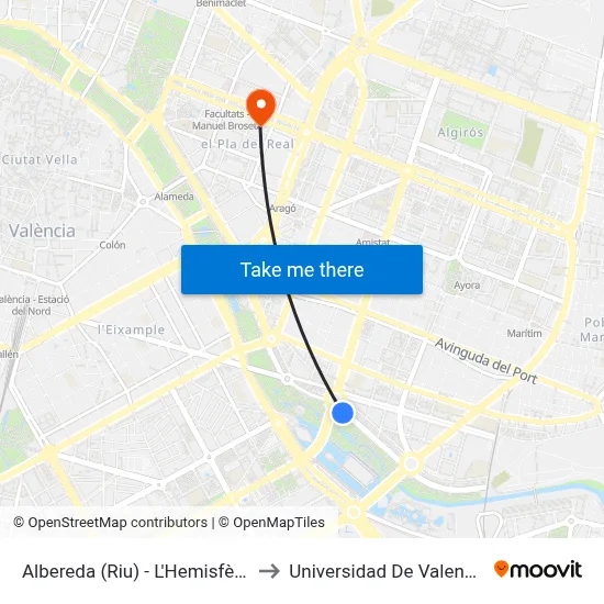 Albereda (Riu) - L'Hemisfèric to Universidad De Valencia map