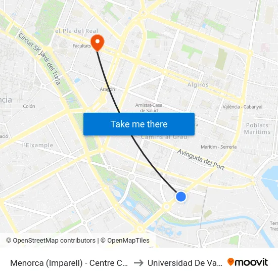 Menorca (Imparell) - Centre Comercial to Universidad De Valencia map