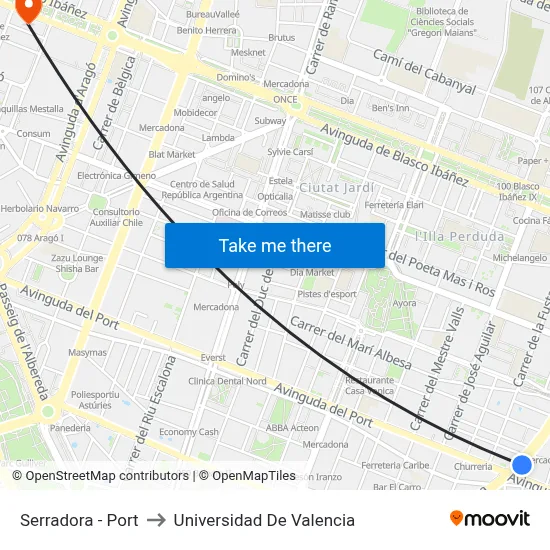 Serradora - Port to Universidad De Valencia map