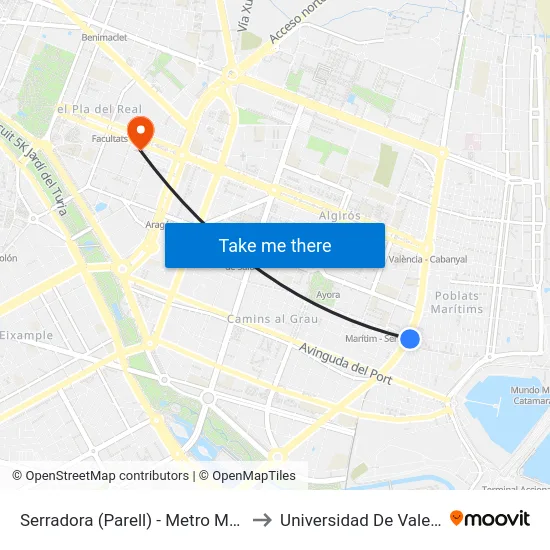 Serradora (Parell) - Metro Marítim to Universidad De Valencia map